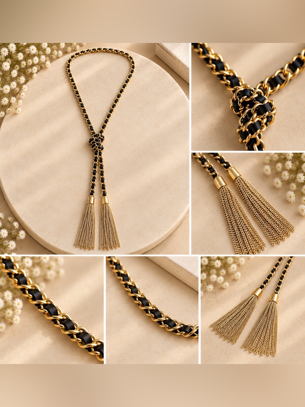 Black and Gold Knotted Tassel Necklace - Designer Style